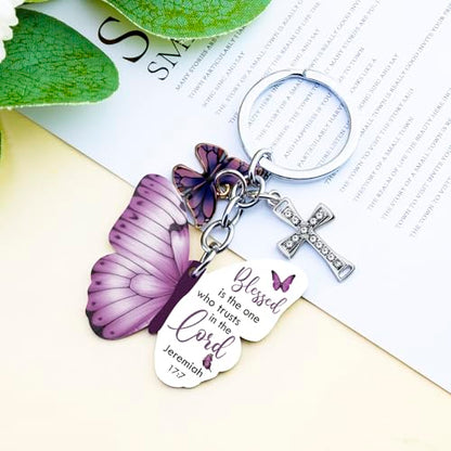 Butterfly Christian Keychain Women Cross Bible Verse Keychain Butterfly Purse Charm Inspirational Religious Gifts - color: Purple