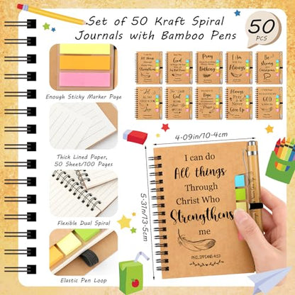 150 Pcs/50 Set Christian Gift Bulk Include Spiral Notebook Bible Ballpoint Pen Note Strip Prayer Journal for Women Religious Gift for Back to School Classroom Church Member Staff Coworker Teacher
