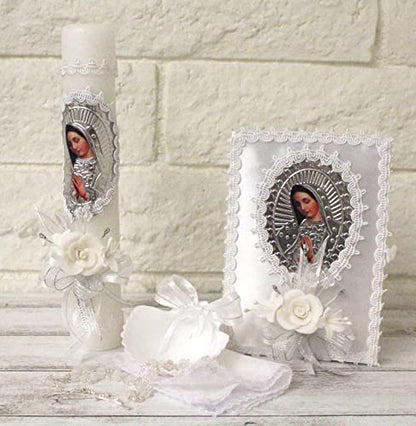 Handmade 5 Piece Our Lady Guadalupe Virgin Mary Candle Set, White