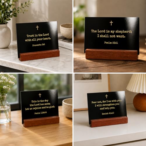 Bible Verse Cards with Wood Stand, 48 Prayer Cards for Daily Display - color: Black Gold
