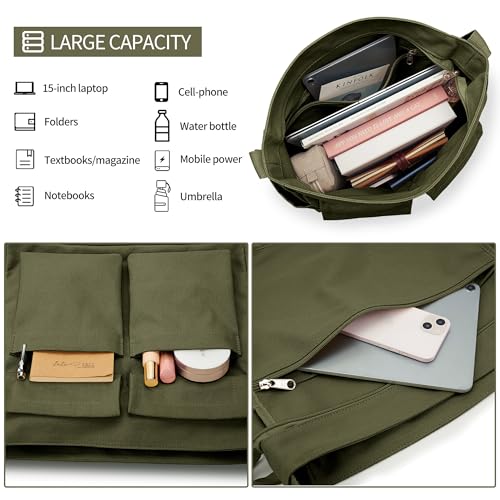KALIDI Canvas Tote Bag Zipper Large Crossbody Shoulder Bag Messenger Bag - color: Upgraded Army Green