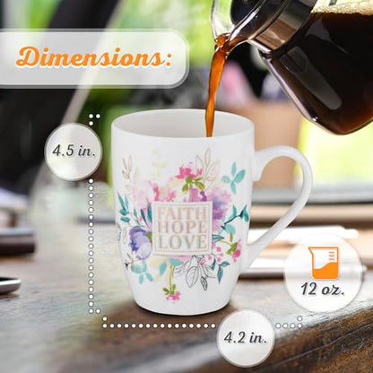 Christian Art Gifts Coffee Mug for Women and Men "Faith Hope Love" - 1 Corinthians 13:13 Lead-free and Non-Toxic White Ceramic Mug with Pastel Floral Inspirational Coffee Cup, 12oz