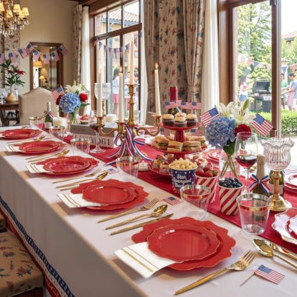 WDF 175Pcs Red Plates - Red Plastic Plates with Gold Rim - Fancy Disposable Dinnerware Sets Ideal for Party/Wedding - color: Red and Gold, size: 175 pieces