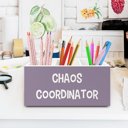 Chaos Coordinator Purple Pen Pencil Holder Organizer for Desk, Thank You Gifts for Women Men Coworkers Boss Leader Manager, Appreciation Gifts Wooden Box Sign for Office Tabletop Decorations - color: colour35