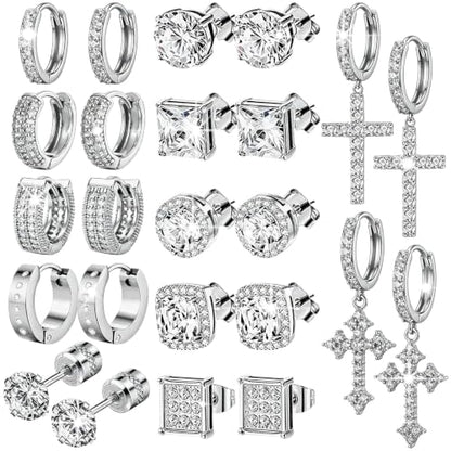 NEWITIN 12 Pairs Silver Earrings for Men Women Halo Stud Earring Set - color: Silver A