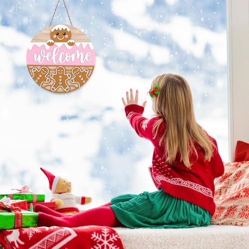JarThenaAMCS Winter Welcome Door Sign Pink Brown snow Gingerbread Man Wooden Front Door Hanging Sign 3D Round Outdoor Hanger for Party Home Wall Porch Decorations, 12 Inch - style: Gingerbread Man