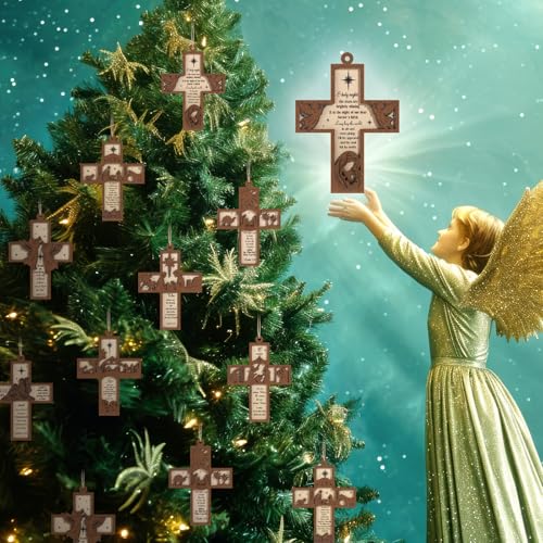 Seeloowy 24 Pcs Christmas Wooden Nativity Scene Cross Ornaments for Tree