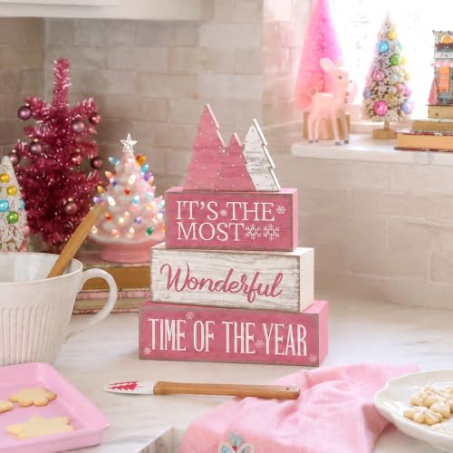 Moucuny 4 Pcs Christmas Table Decoration Wooden Pink Wooden Christmas Tree - style: It’s the Most Wonderful Time of the Year