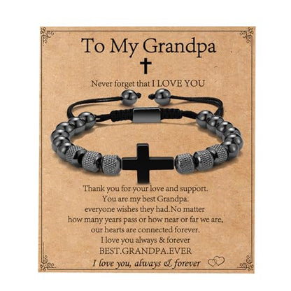 Cross Bracelet for Boys Teens, Adjustable Obsidian Beads Bracelets Christian Religious Jewelry Gifts for Teen Teenage Boys - style: To My Grandpa