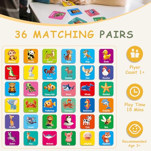 72 PCS Memory Match Game, Animal Matching Game for Kids 3 and up, Enhanced Memory Skills Card Games for Kids Ages 4-8