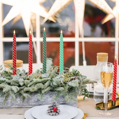 Whaline 8Pcs 10 Inch Christmas Spiral Taper Candles Red Green Dripless Twisted Wax Candles Long Unscented Candle Sticks for Xmas Home Party Supplies - color: Christmas