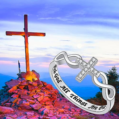 Alphm S925 Sterling Silver Christian Cross Infinity Inspirational Faith Bible Verse Ring for Women Teen Jewelry - size: 8