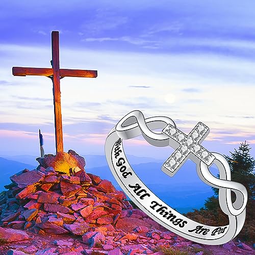 Alphm S925 Sterling Silver Christian Cross Infinity Inspirational Faith Bible Verse Ring for Women Teen Jewelry - size: 7