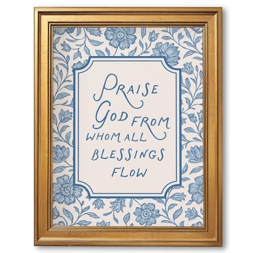Framed Vintage Christian Wall Art Praise God From Whom All Blessings Flow Poster Light Blue Floral Scripture Print Retro Bible Verse Canvas Painting for Home Faith Based Decor 8x10inch - color: Praise god, size: 8"L x 10"W
