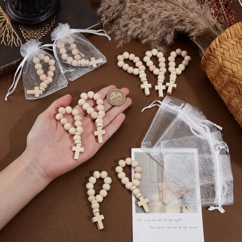 OLYCRAFT 36Pcs Wooden Rosary Beads with Cross Pendant 3.6 Inch Long Wooden Finger Rosary Bead with Cross Classic Mini Rosaries and Mesh Bags Natural Wood Beads for Guests Party Favors - color: Wood Color Cross