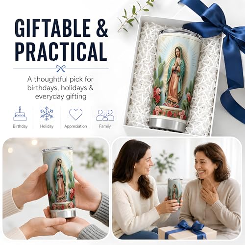 Virgin Mary Desert Halo 20oz Tumbler, Marian Devotion Tumbler, Daily Coffee Cup, Teal Cloak With Cactus And Roses, Golden Rays, Catholic Prayer Art, Faithful Catholic Women And Men - color: Virgin Mary 5