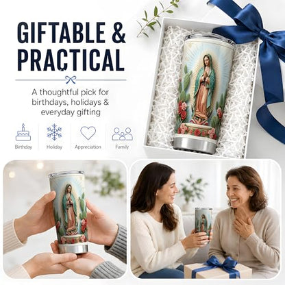 Virgin Mary Desert Halo 20oz Tumbler, Marian Devotion Tumbler, Daily Coffee Cup, Teal Cloak With Cactus And Roses, Golden Rays, Catholic Prayer Art, Faithful Catholic Women And Men - color: Virgin Mary 5