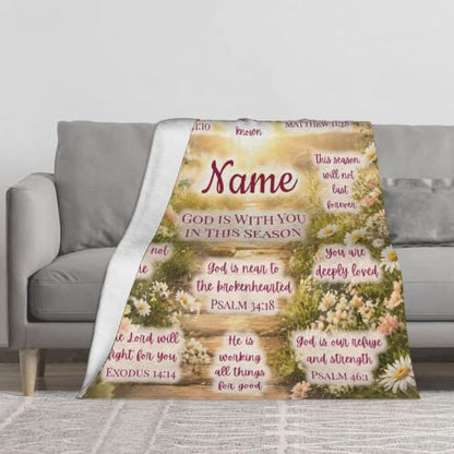 Custom Name Daisy Christian Blanket for Women, God is With You Scripture Throw Blanket, Personalized Religious Faith Gift, Sympathy Gift for Mom Daughter Sister Friend, Birthday Christmas Baptism Gift - color: Background Pattern 2