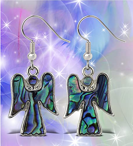 Angel Earrings Jewelry - Authentic Dangle Hook Earrings Made with Natural Paua Abalone Shell - Unique Colorful Jewel For Women & Teens For Daily, Casual & Formal Occasions