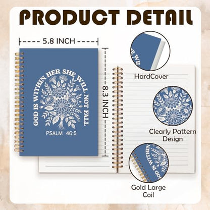 Boho Blue Floral Christian Prayer Notebook Journal, God Is Within Her She Will Not Fall Religious Bible Verse Spiral Hardcover Notebook Journal for Study Office Work, 5.5x8.3 Inch - color: Dusty Blue Flowers & Bible
