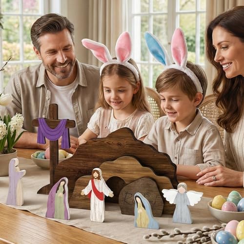 Easter Scene Wooden Decorations - Empty Tomb Resurrection Scene Christian Cross Decor - Religious Jesus Nativity Decorations for Home Table Office - color: Multicolor