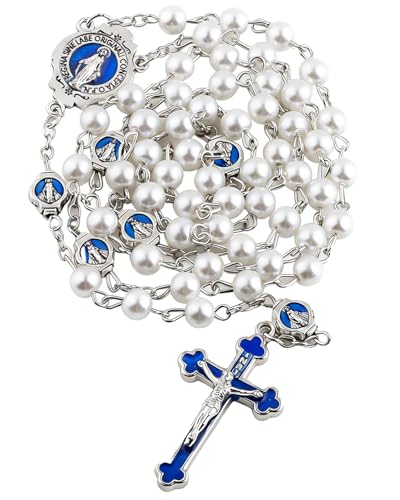 Catholic Rosary Necklace, Solid Glass Beads, Prayer Guide Included, Faith Gift for Women - color: White