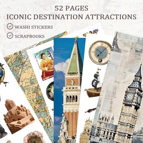 Bomichi Travel Sticker Book, 32 Sheets 377 Pcs Vintage Aesthetics Stickers & 20 Sheets Washi Paper for Journaling Scrapbooking Bullet Journals Planners Letter Card Making - style: Travel sticker book
