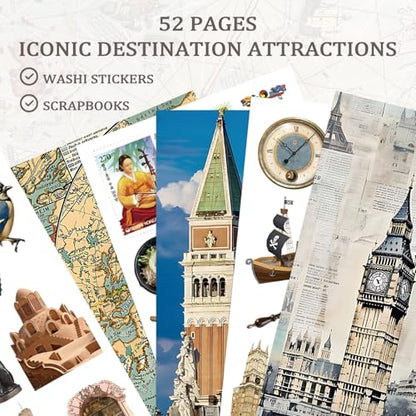 Bomichi Travel Sticker Book, 32 Sheets 377 Pcs Vintage Aesthetics Stickers & 20 Sheets Washi Paper for Journaling Scrapbooking Bullet Journals Planners Letter Card Making - style: Travel sticker book