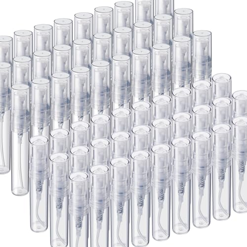 Fandamei 60PCS Mini Spray Bottle, 30PCS 3ml Mini Clear Plastic Spray Bottle Empty with 30PCS 5ml Fine Mist Refillable Mini Perfume Bottle. Small Empty Sample Containers Bottle. - size: 3ml/5ml