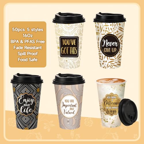 50 Pack 16 oz Disposable Coffee Cups with Lids Black Gold - style: Black and Gold Inspirational Quotes