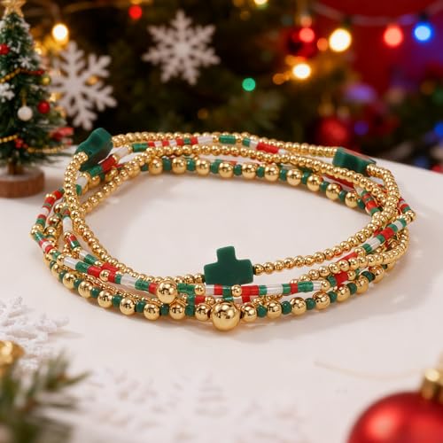 Gold Beaded Bracelets Stack for Women Stackable 14K Gold Plated Beads Ball Cross Bracelet Boho Christian Jewelry Faith Friendship Birthday Gifts for Women - color: red green