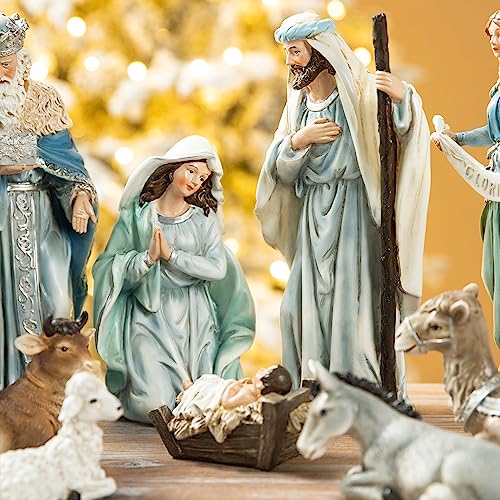 Glitzhome 12Pcs Nativity Figurines Sets for Christmas Indoor, Deluxe Blue Resin Christian Nativity Set Xmas Nativity Scene Tabletop Ornaments Miniatures Statue Nativity Figures Collectible 10" x 26" - size: 10 x 26.00 Inches-Blue
