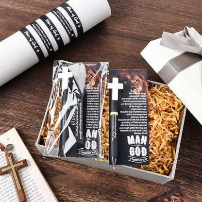 50 Sets Man of God Gifts Bulk Christian Ballpoint Pens with Wristbands Bracelets Bible Verse Cards for Men Father's Day Church Dad Godfather Pastor Religious Christmas Easter Party Favors (Style B) - style: Style B