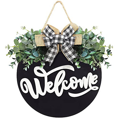 Welcome Sign for Front Door, 12 Inch Round Black Wood Wreath