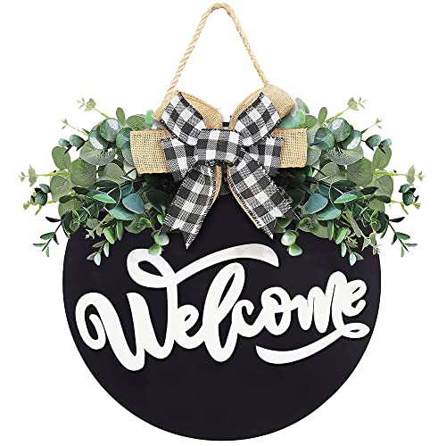 Welcome Sign for Front Door, 12 Inch Round Black Wood Wreath