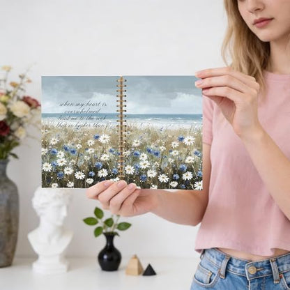 Beach Wildflowers Hardcover Spiral Notebook - Christian Religious Psalm 61:2 Bible Verse Journals for Teens Women Men, Coastal Ocean Blue Daisy Prayer Church Notes Journaling Gifts for Writing - color: Ccolor001