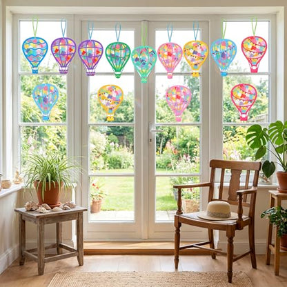 Renbuzhu 48PCS Back to School Crafts: Paper Hot Air Balloon Suncatchers DIY Kits, Summer Window Stained Glass Effect Art Supplies - style: hot air balloon