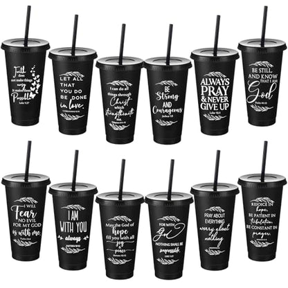 Havawish 12 Christian Tumbler Gift Bulk Religious Inspirational 24 oz Drinking Jesus Cup with Lid Straw Bible Verse Plastic Cup for Grandparents Pastor Clergy Church Sunday School, Black - color: Black