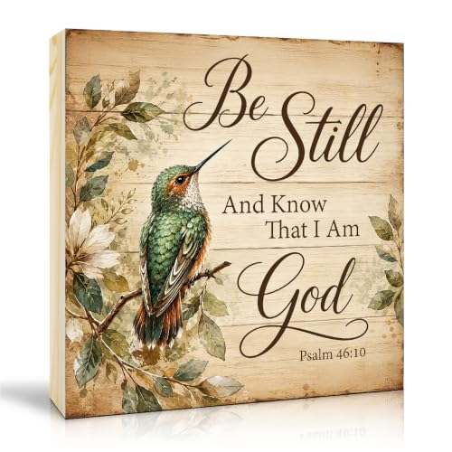 TOUNER Be Still And Know That I Am God Wooden Box Sign, Rustic Hummingbird Wooden Sign Decorations for Home Office Living Room Table Shelf, Bible Verse Gifts for Friends Family Colleague - color: multicolored098