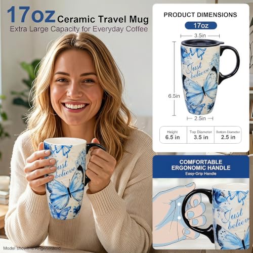 Topadorn 17oz Ceramic Travel Mug with Lid, Blue Butterfly Mug - color: Butterfly