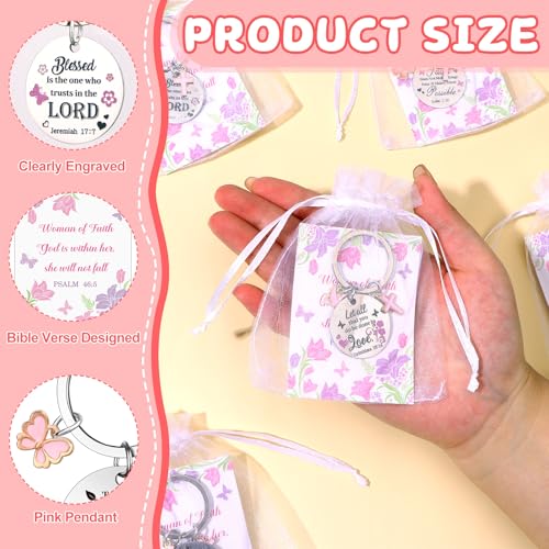 24 Sets Faith Christian Keychain Gifts for Women Religious Butterfly Cross Stainless Steel Key Chains Spiritual Bible Verse Cards with Organza Bags for Easter Christmas Baptism Coworker