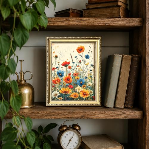 Vintage Gold Framed Floral Canvas Wall Art, Colorful Botanical Floral Wall Decor Oil Painting, Rustic Farmhouse Cottagecore Decor Art Print Picture Poster for Living Room Bedroom Home 8x10 Inch - color: A-Flowers, size: 10"L x 8"W