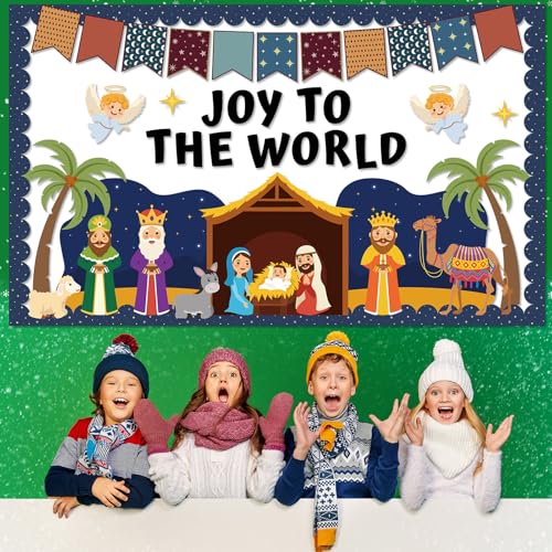 Christmas Nativity Scene Bulletin Board Set Christian Jesus Birth Classroom Decoration Joy to The World Bulletin Board Religious Paper Cutouts for Sunday School Classroom Church Chalkboard Wall Decor - style: JOY TO THE WORLD