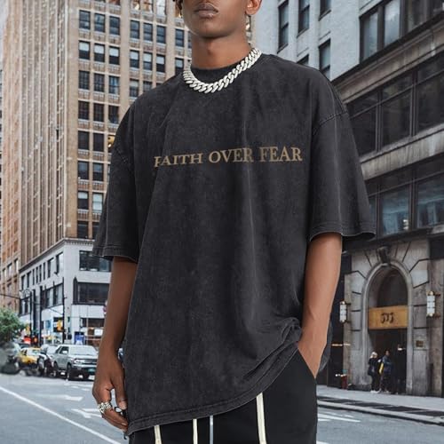 Christian Faith Over Fear Shirt for Men Jesus Religious Shirts Oversized Graphic Tees Acid Wash God T-Shirt - color: Black, size: Medium