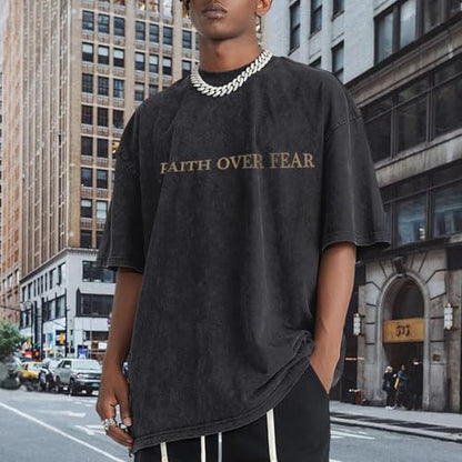 Christian Faith Over Fear Shirt for Men Jesus Religious Shirts Oversized Graphic Tees Acid Wash God T-Shirt - color: Black, size: Small