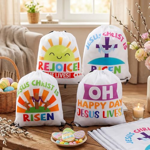 24 Pcs Christian Easter Drawstring Backpack He Lives Drawstring Religious Nativity He Is Risen Christian String Bag for Sunday School Church Classroom Prizes Party Favors Supplies Gift - style: He Lives