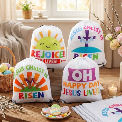 24 Pcs Christian Easter Drawstring Backpack He Lives Drawstring Religious Nativity He Is Risen Christian String Bag for Sunday School Church Classroom Prizes Party Favors Supplies Gift - style: He Lives