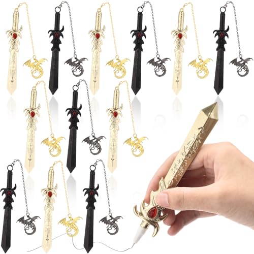 Sayglossy 12 Set Dragon Sword Pens Gifts Bulk Black Ink Golden Pendant
