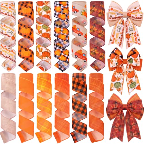 12 Rolls 60 Yards Fall Wired Ribbon for Wreaths Bows Crafts - style: Fall Pumpkin