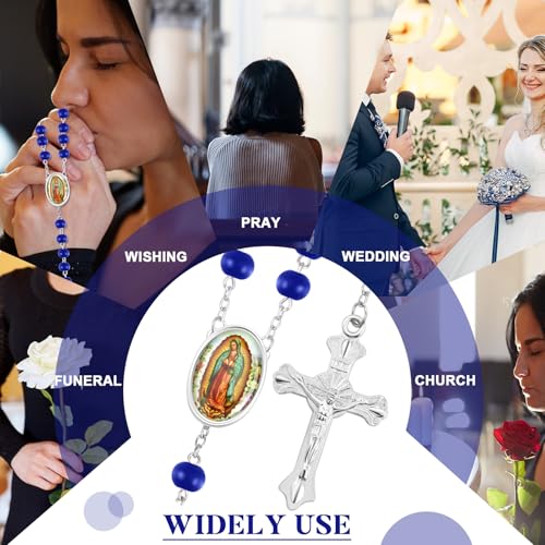 Taiyin 36 Pcs Wooden Bead Rosary Necklace with Crucifix and Our Lady of Guadalupe Scented First Communion Rosary with 36 Organza Bags Baptism Favors Catholic Gift for Men Women - color: Blue